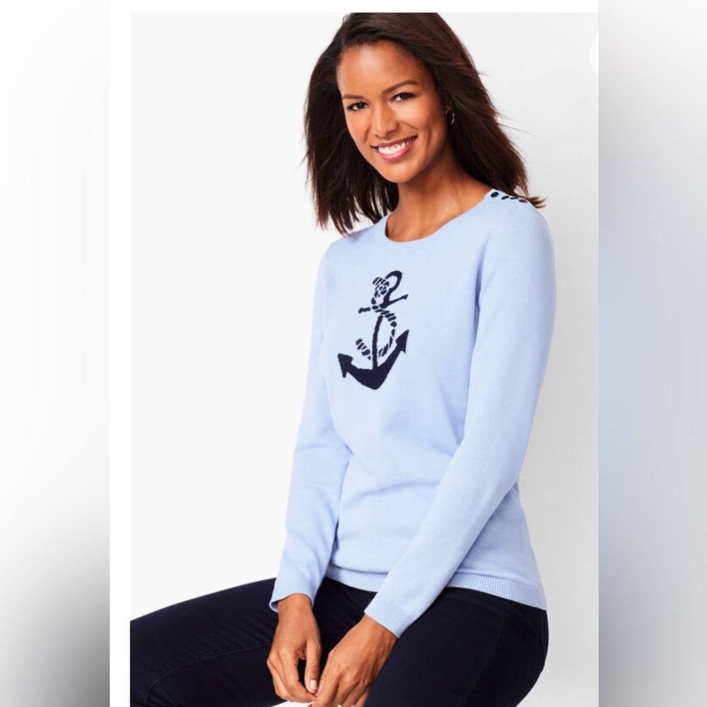 Talbots XL Nautical Anchor Sweater Blue Cotton  Coastal Grandmother Preppy